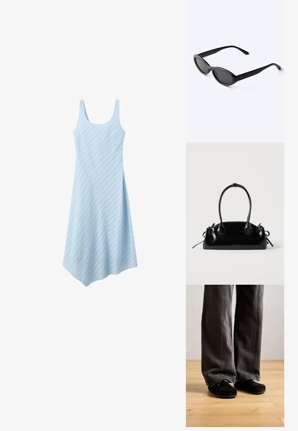 Vestido sin mangas azul claro con escote redondo y dobladillo asimétrico hecho de tela texturizada.; Persona vestida con pantalones sueltos de color gris oscuro y zapatos negros sin cordones, de pie sobre un suelo de madera clara contra una pared lisa.; Gafas de sol ovaladas negras y elegantes con lentes oscuras y patillas rectas, reposando sobre una superficie blanca.; Pequeño bolso negro brillante con dos asas largas y detalles de cordón lateral sobre un fondo claro liso.
