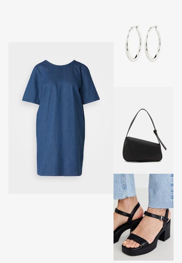 Blauwe denimjurk met korte mouwen, een ronde halslijn en een losse pasvorm. Gladde textuur en strakke lijnen, geen zichtbare details of patronen.; ALDO CELIE - Sandalen met hoge hak - black; Zwart leren handtas met een driehoekige vorm, schuine klep en een ronde handgreep. Heeft een gladde textuur en minimalistische ontwerpelementen.; Zilveren oorbellen in de vorm van een gladde, glanzende ring. Circulaire vorm, voorzien van een veilige sluiting. Eenvoudig en elegant ontwerp.
