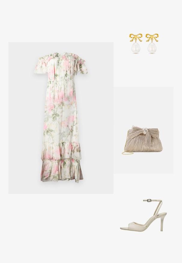 Robe maxi florale avec volants dénudés sur les épaules. Fabriquée en tissu léger, elle présente des fleurs roses et vertes, une taille à cordon de serrage et un ourlet en étages.; Sandale à talon haut beige avec bout ouvert, fine bride à la cheville et fermeture à boucle, vue de profil sur fond blanc.; Pochette en or métallisé avec tissu plissé, dotée d'un nœud en haut et d'une bandoulière en chaîne dorée pour une polyvalence et une facilité de transport.; Boucles d'oreilles dorées présentent un design en forme de nœud avec une perle blanche suspendue. Les perles ont une forme en goutte d'eau et une surface lisse.