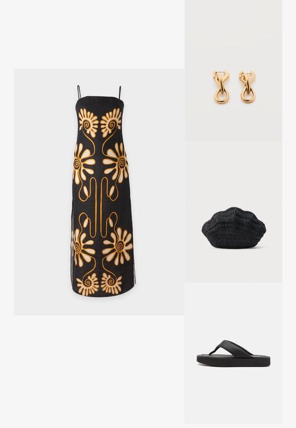Robe maxi noire sans manches avec fines bretelles et grands motifs floraux en spirale orange et blanc sur le devant et les côtés.; Tongs noires avec une large lanière entre les orteils et une tige en synthétique douce. Dotées d'une semelle en caoutchouc épaisse avec une semelle intérieure texturée pour une meilleure adhérence.; Sac à main en osier noir en forme de coquille Saint-Jacques avec un dessus courbé et une texture tressée sur un fond uni.; Paire de boucles d'oreilles créoles en bouclettes dorées brillantes sur fond blanc uni, présentant un design torsadé entrelacé.