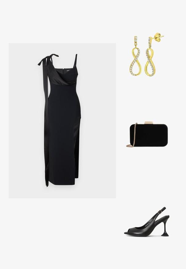 Sort kjole med en tætsiddende design, satin detaljer og slidse i siden. Har tynde stropper og en flatterende drapering neckline med en bindedetalje.; Sort læder slingback hæl med åben tå, spids form, smal hæl der udvider sig, og en firkantet base. Tekstureret overflade og spænde detaljer.; Sort velour clutch med guldfarvede detaljer, rektangulær form og kædestrop, der har en glat tekstur og ingen synlige mønstre.; Guldtonede øreringe formet som et stiliseret uendelighedssymbol, prydet med klare, rundslibede krystaller langs kanterne. Med stiftlukning.