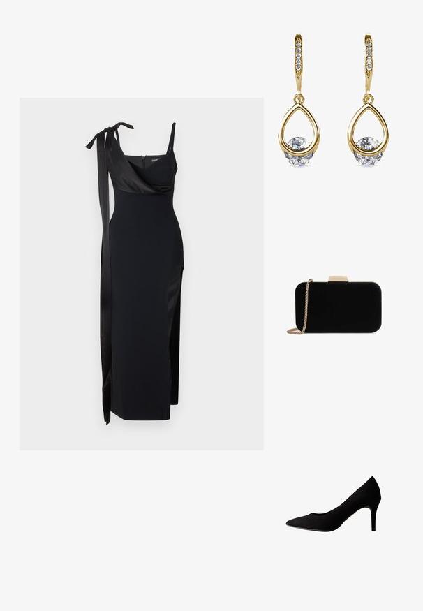 Robe noire avec un design ajusté, des accents en satin et une fente sur le côté. Présente des fines bretelles et un décolleté drapé flatteur avec un détail à nouer.; Escarpin à talon haut en daim noir avec un bout pointu et une texture lisse, doté d'un talon fin et d'une couture discrète le long des bords.; Pochette en velours noir avec quincaillerie dorée, de forme rectangulaire, et une bandoulière en chaîne, présentant une texture lisse et sans motifs visibles.; Boucles d'oreilles en or en forme de goutte avec des pierres précieuses rondes et transparentes à la base. Section supérieure texturée avec de petits accents ronds le long de l'anneau.