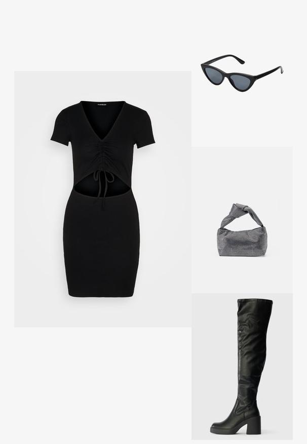 Even&Odd by Zalando Robe fourreau - black; Bottes noires en simili cuir au-dessus du genou avec un design épuré, une plateforme épaisse et un bout arrondi. Texture lisse et détails de couture minimalistes.; Lunettes de soleil noires en forme d'œil de chat avec des verres gris foncé, monture en plastique élégante, coins pointus et branches droites. Pas de métal visible ni d'accents.; Sac à main noir et argent avec une surface texturée affichant un motif en diamant, une anse nouée et une forme structurée.