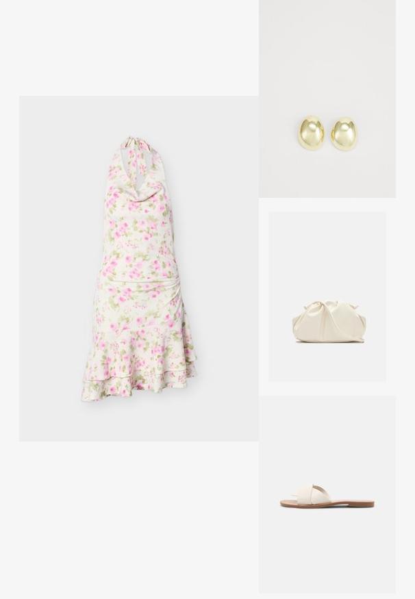 Λευκό φόρεμα με λαιμόκοψη halter, ροζ και πράσινο floral μοτίβο, εφαρμοστό μπούστο και βολάν στη βάση, σε μονόχρωμο φόντο.; Ανοιχτό μπεζ επίπεδες σανδάλια με διασταυρούμενες λωρίδες, λείο συνθετικό πάνω και καφέ επίπεδη καουτσούκ σόλα. Χωρίς διακοσμήσεις ή σχέδια.; Μαλακό, κρεμ δερμάτινο τσαντάκι χειρός με σχεδίαση με gathers και λεπτό λουράκι ώμου, τοποθετημένο μπροστά σε απλό φόντο.; Σκουλαρίκια από μέταλλο σε χρυσό τόνο με λείο, στρογγυλό σχήμα και γυαλιστερή φινίρισμα. Απλός σχεδιασμός χωρίς επιπλέον διακοσμητικά στοιχεία.