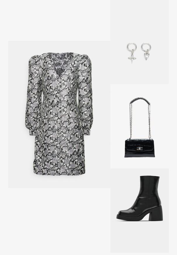 PIECES Tall PCMERCY V NECK DRESS - Cocktailkjole / festkjole - black; Sorte ankelstøvler med en blank finish, firkantet tå og en tyk blokhæl. Designet har en strømlinet silhuet og minimal branding.; Sort håndtaske i krokodilletekstureret læder med sølvfarvet drejelås og lang sølvkæde med læder skulderpude.; Sølv hoop øreringe med et kors og hjerte charm. Glat, skinnende tekstur med en poleret finish. Hver charm hænger fra en sikker løkke.
