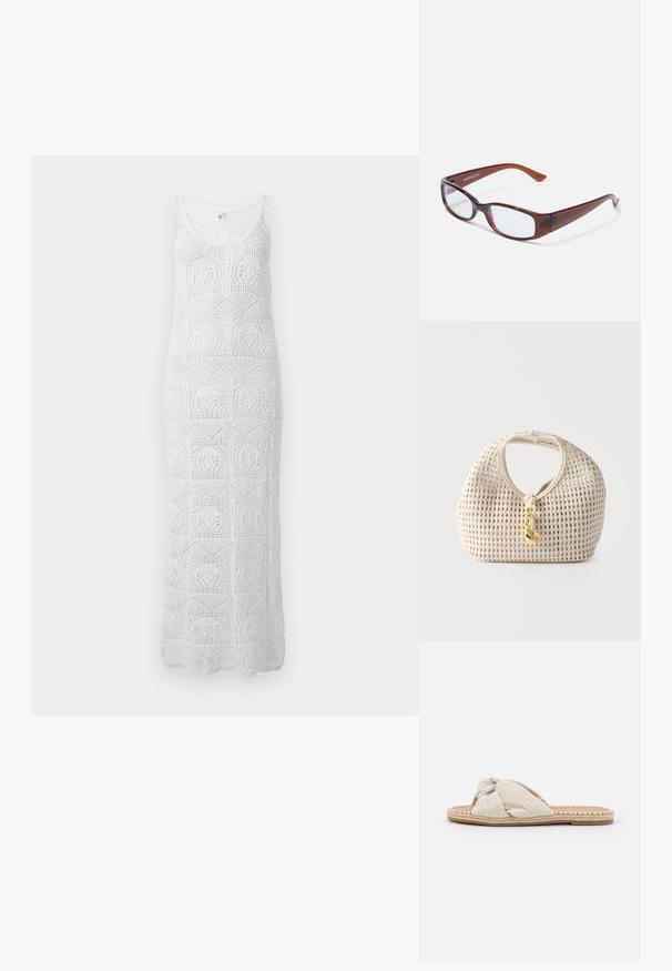 Robe maxi blanche sans manches en crochet avec encolure dégagée et motifs géométriques en dentelle sur toute la surface.; Sandale à glissière en tissu beige avec un dessus noué et une semelle en jute tissée. Style plat, ouvert à l'avant, présentant un bord texturé et tressé.; Lunettes rectangulaires teintées de brun avec une finition brillante, dotées de branches fines et de verres transparents. Logo visible sur la branche gauche.; Sac à main tressé de couleur crème, forme arrondie, poignée courte et fermoir décoratif doré suspendu au centre devant.
