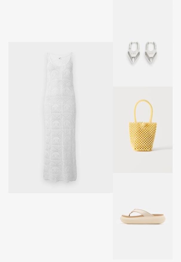 Vestido maxi blanco de crochet sin mangas con escote redondo y patrones geométricos de encaje por todo el vestido.; Chancla beige con una amplia correa en los dedos y una suela gruesa y redondeada. Presenta un material superior suave y una plantilla en color marrón que contrasta.; Bolso pequeño estilo bolso cubo hecho de cuentas brillantes de color crema con asa de cuentas en forma de lazo y cierre decorativo con nudo de cuentas.; Candados en forma de corazón de plata con inscripciones grabadas de "SÍ" y "NO", acabado pulido, diseño simétrico y un robusto cierre de metal.