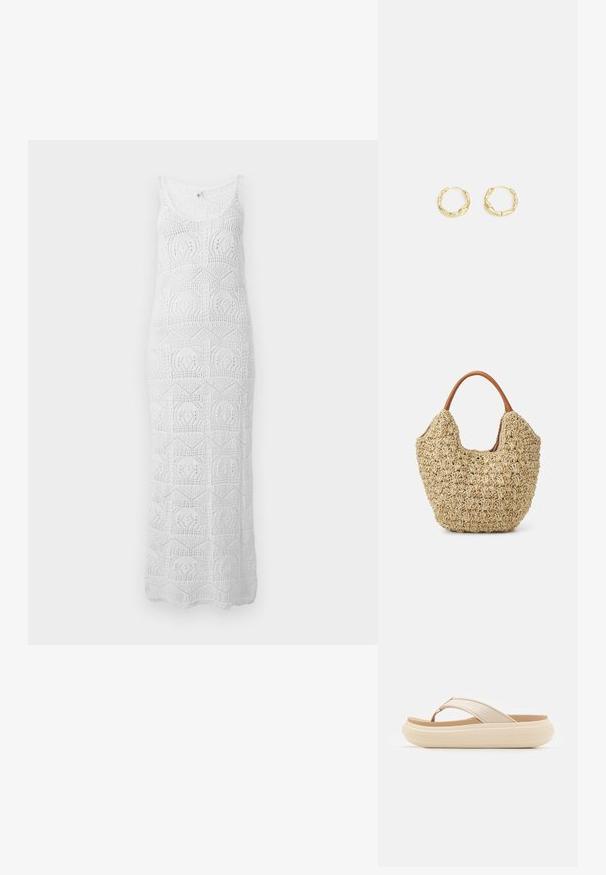 Witte mouwloze gehaakte maxi-jurk met ronde halslijn en geometrische kanten patronen over de hele jurk.; Beige slippersandalen met een brede teband en een dikke, ronde zool. Beschikt over een glad bovenmateriaal en een contrasterend bruine voetbed.; Geweven rieten tas met een natuurlijke textuur en een zachte, organische vorm, met bruine leren handvatten voor eenvoudig dragen.; Gouden creolen met een gestructureerd, onregelmatig oppervlak. Beschikt over een lichtgewicht ontwerp en een ronde vorm, geschikt voor dagelijks gebruik.