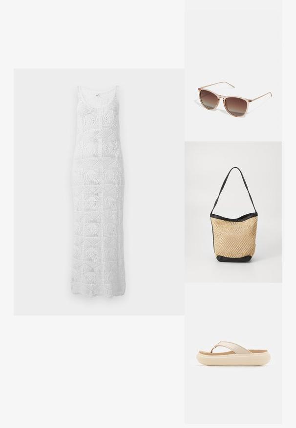 Witte mouwloze gehaakte maxi-jurk met ronde halslijn en geometrische kanten patronen over de hele jurk.; Beige slippersandalen met een brede teband en een dikke, ronde zool. Beschikt over een glad bovenmateriaal en een contrasterend bruine voetbed.; Bruine gradient zonnebril met een doorzichtig roze montuur, vierkante vorm en dunne metalen armen. Heeft afgeronde hoeken en minimale details.; Geweven stro on the tas met een natuurlijke textuur, accentueert door een zwarte faux leren rand en schouderband; open-top ontwerp.