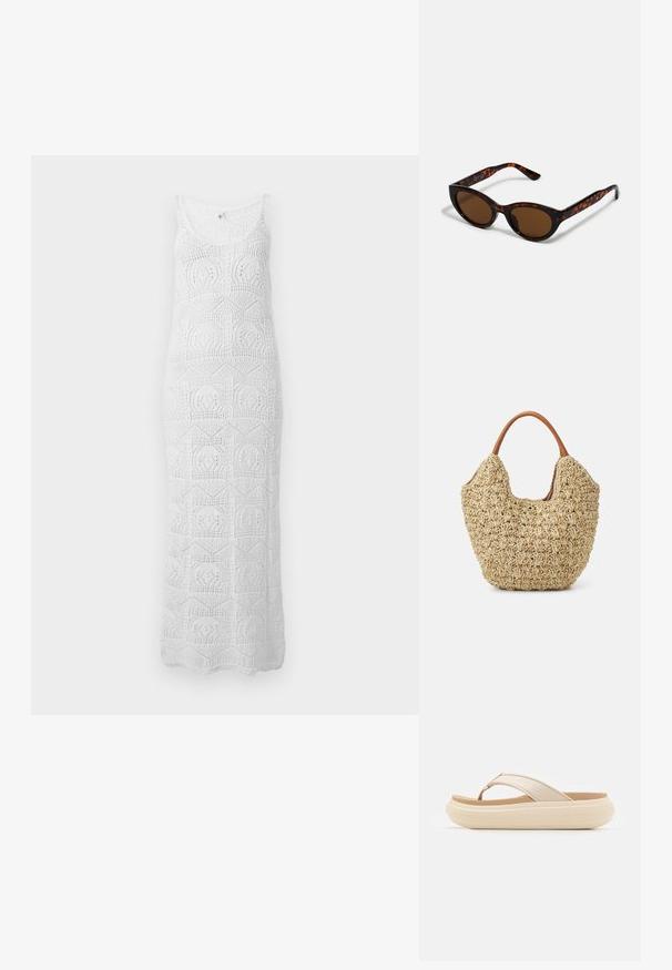Hvid ærmeløs hækle maxi-kjole med rund halsudskæring og geometriske blondermønstre overalt.; Beige flip-flop sandal med en bred tåstrop og en tyk, rund sål. Har et glat overmateriale og en kontrasterende brun fodseng.; Brune skildpadde solbriller med en vintage katteøje-form og brune linser. Har buede arme med røde detaljer.; Vævet stråtasker med en naturlig tekstur og en blød, organisk form, der har brune læderhåndtag for nem bæring.