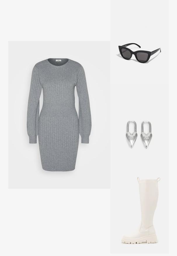 JDY JDYPRIME LIFE O NECK WAIST DRESS - Etuikleid - medium grey melange; Knöchelhohe weiße Gummistiefel mit einer robusten Sohle und elastischen seitlichen Einsätzen. Verfügt über Zuglaschen an der Oberseite für leichteres Anziehen. Glatte Textur.; Schwarze Cat-Eye-Sonnenbrille mit matter Oberfläche, grauen getönten Gläsern, scharfen Kanten und schlanken Bügeln. Der Markenname ist auf dem inneren Bügel sichtbar.; Avgvst YES NO HEART LOCK EARRINGS - Ohrringe - silver-coloured