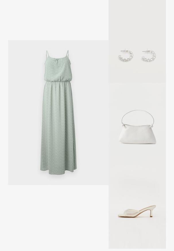 Robe maxi en vert clair, en tissu doux avec un motif à pois, dotée de bretelles fines et d'une taille élastique pour une silhouette fluide.; RAID TIANA - Chaussures de mariée - white; Sac à main en cuir tressé blanc avec poignée arrondie et extrémités de lanière nouées, présenté sur un fond uni.; Boucles d'oreilles anneaux en argent incrustées de cristaux facettés clairs, avec attaches à tige et embouts transparents sur fond blanc.