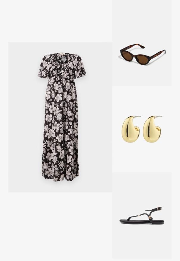 Vestido negro con estampado floral en blanco, que presenta mangas cortas abullonadas, un escote fruncido y una silueta fluida hasta los tobillos.; Sandalias planas negras con tiras trenzadas y un acento metálico. Presentan una hebilla ajustable y una suela de goma plana para mayor comodidad.; Gafas de sol de carey marrón con una forma vintage de ojo de gato y lentes marrones. Presentan brazos curvados con acentos rojos.; Pendientes de stud en tono dorado con una superficie suave y pulida, que presentan una forma abstracta en forma de lágrima. Hardware de metal simple para la sujeción.