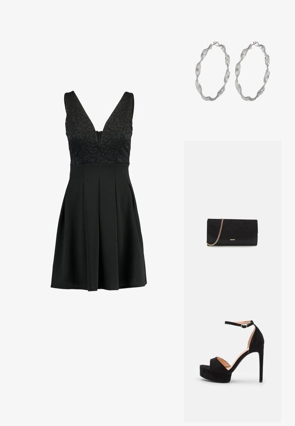 WAL G. V NECK SKATER - Vestido de cóctel - black; Sandalia de tacón alto de ante negro con suela de plataforma, tira en el tobillo con herrajes plateados, diseño de punta abierta y textura suave.; Bolso de mano negro hecho de ante con un acabado texturizado, que presenta una cadena dorada y un diseño elegante y angular.; Pendientes de aro de plata con un diseño retorcido, que presentan una superficie texturizada y un cierre seguro. Ligeros y reflectantes con un acabado elegante.