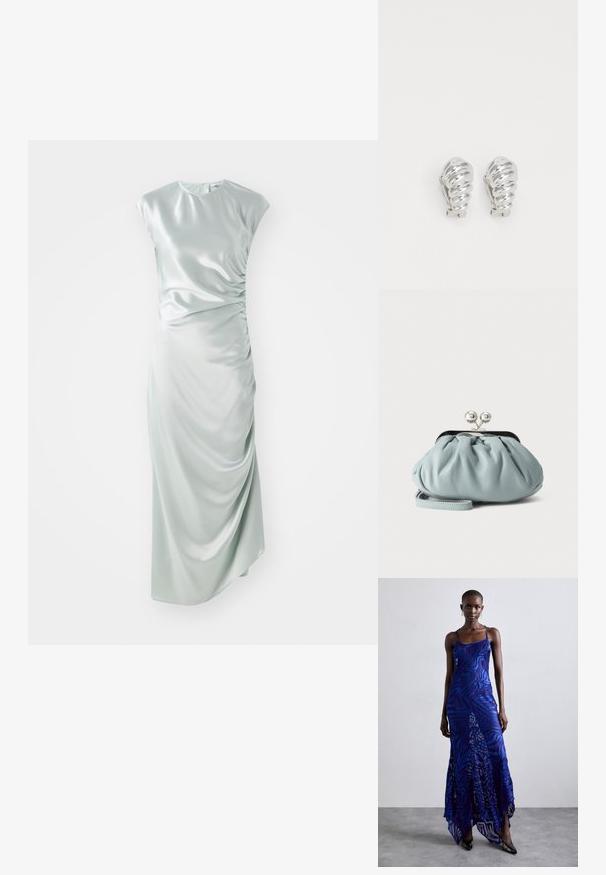 Satins Midi-Kleid in Hellgrün mit kurzen Ärmeln, rundem Ausschnitt, seitlichen Raffungselementen und taillierter Silhouette.; Maxikleid im blauen und lila Tiermuster mit dünnen Trägern, einem taillierten Oberteil, ausgestelltem Saum und transparenten Überlagerungen.; Kleine hellblaue Leder-Münztasche mit silbernem Metall-Kissenschloss und kurzem Handgelenksriemen vor einfarbigem Hintergrund.; Silberne Clip-On-Ohringe mit spiralförmigem Design, das eine glatte metallische Textur und abgerundete Formen aufweist. Keine sichtbaren Verzierungen oder Muster.