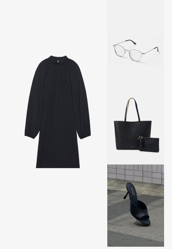 Robe noire avec un col haut, de longues manches plissées et une coupe ample. Dotée d'une fermeture à boutons au dos et d'un tissu lisse et texturé.; Mule noire à bout ouvert avec un talon haut et fin, posée sur de l'asphalte près d'un mur carrelé de beige, avec un texte imprimé sur la semelle intérieure indiquant la marque et le matériau vegan.; Lunettes en métal argenté avec des verres ronds et une fine monture. Les embouts de branches noirs offrent un contraste. Plaquettes de nez ajustables incluses.; Sac fourre-tout noir avec un matériau texturé, deux longues anses et une pochette zippée amovible avec un détail de pompon. Logo de la marque en orvisible.