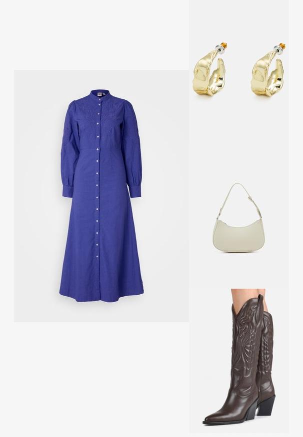 Robe à manches longues, boutonnée en tissu uni bleu profond, avec une broderie florale au niveau de la poitrine et des manches froncées avec poignets.; Bottes de cowboy en cuir brun foncé montant jusqu'aux genoux, avec bouts pointus, coutures décoratives et talons blocs inclinés portées par une personne.; Pieces PCALUANA SHOULDER BAG - Sac à main - birch; Boucles d'oreilles dorées en forme de mains abstraites, avec une surface brillante, des détails complexes et un fermoir en argent et or pour un maintien sécurisé.