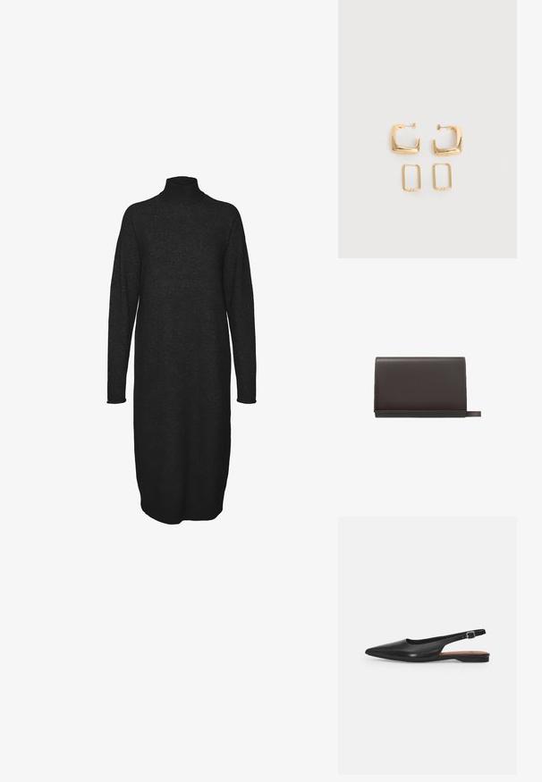 Vero Moda VMKADEN HIGHNECK CALF DRESS - Strikkjoler - black; Sorte læder slingback sko med spidse tæer, subtil glans og justerbar ankelrem. Flad hæl med en brun indersål.; Brun læderpunge med en glat overflade, rektangulær form og en sidelås. Minimalistisk design uden synlige hardware eller mønstre.; To par guldfarvede geometriske hoop-øreringe på en ensfarvet hvid overflade, et par firkantede og solide, et par rektangulære og hule.
