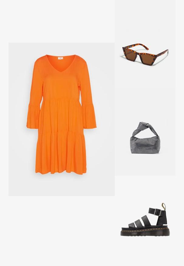 JDY JDYSTAAR LIFE ABOVE KNEE DRESS - Päevakleit - scarlet ibis; Must kool nahk sandaal kolme laia rihmaga, reguleeritava metallist-klambriga, paksu tekstuuriga tallaga ja oranži õmbluse detailiga ääres.; pruunide toonidega päikeseprillid, millel on kilpkonnakujuline muster, nurgaine raam ja õhukesed käed. Kõrge kvaliteediga plastmaterjal.; Must musta ja hõbedane käekott, millel on tekstureeritud pind, millel on teemanti muster, sõlmega käepide ja struktureeritud kuju.