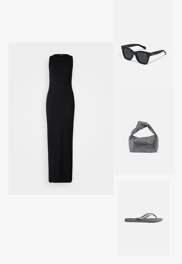 Vestido maxi negro sin mangas hecho de una tela suave y elástica. Presenta un escote redondo y una silueta ajustada que llega hasta los tobillos.; Sandalia plana gris con plantilla texturizada y finas correas en forma de Y, mostrada de lado sobre un fondo claro y liso.; Gafas de sol rectangulares negras con un marco de plástico liso y lentes oscuros. Logo "QUAY" en el costado en blanco. Diseño minimalista.; Bolso de mano negro y plateado con una superficie texturizada que presenta un patrón de diamante, un asa anudada y una forma estructurada.