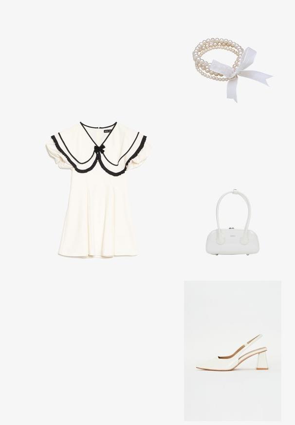 Crèmekleurige jurk met een oversized kraag afgezet met zwart, zwarte ruches aan de randen, korte pofmouwen en een kleine zwarte strik bij de halslijn.; Witte patenten leren slingback schoen met een spitse neus en een geometrische blokhak. Het interieur heeft een tan kleurige inlegzool en minimale zijsnedes.; Witte handtas van lakleer met dubbele afgeronde handvatten, zilverkleurige ritsluiting en subtiel "estro"-logo aan de voorkant.; Witte parelarmband met meerdere strengen, met parels van verschillende groottes. Vastgebonden met een doorschijnende witte lintstrik.