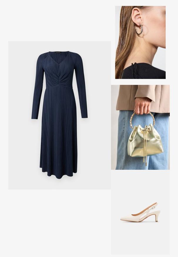 Marineblauwe jurk met lange mouwen, plissétextuur, V-hals en een geplooide taille. Valt tot halverwege de kuit met een rechte zoom.; Witte slingback hak met een spitse neus, glad bovenmateriaal, lage blokhak en een design met uitsparingen aan de zijkant, voorzien van een verstelbare gespsluiting.; Metalen gouden bucket bag met een trekkoordsluiting, voorzien van een gouden kettinghandvat en twee decoratieve kettingdetails aan de voorkant.; Zilveren oorbel met een gepolijste afwerking, met kleine gouden accentdetails en een ronde vorm, gedragen op de oorlel.