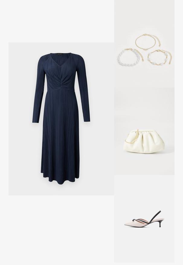 Mørkeblå, langærmet kjole med plisseret tekstur, V-hals og indsamlet krop. Falder til midt på læggen med en lige kant.; Beige slingback-hæl med spids tå, sorte remme og en sløjfedetalje; har en slank, sort stilet-hæl og en glat læderoverflade.; Hvid læderhåndtaske med en samlede design, forsynet med en guldkæde-strop og en rund form. Glat tekstur med bløde folder og ingen mønstre.; Tre armbånd: et med hvide perler, et guld kæde med krystal detaljer, og et med blandede guld og perle forbindelser. Guldtonerne dominerer.