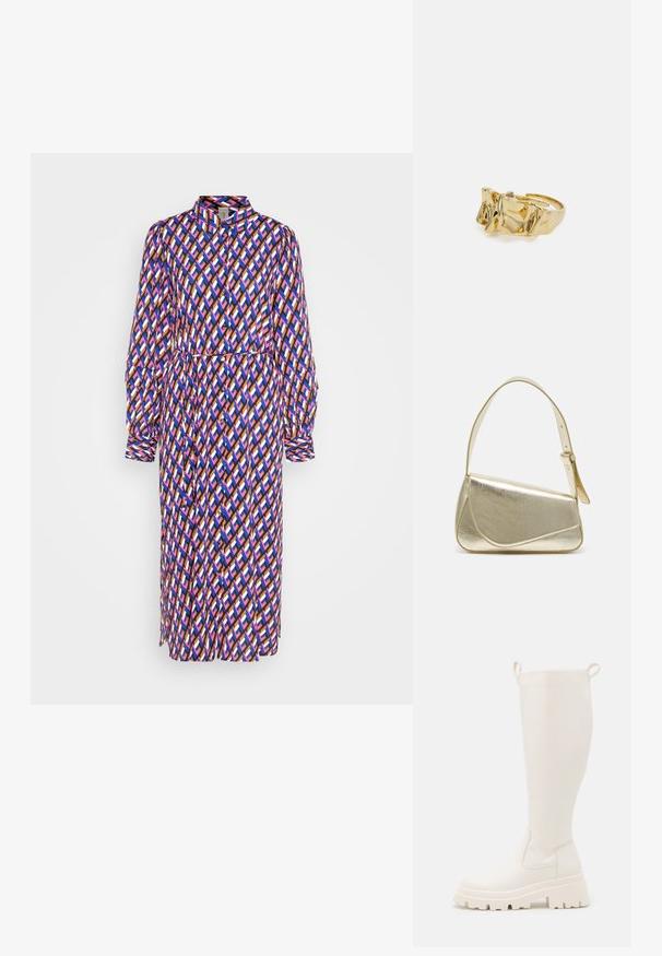 YAS YASZAGGA MIDI SHIRT DRESS - Skjortekjole - surf the web; Knælange hvide gummistøvler med en solid sål og elastiske paneler på siden. Har træksløjfer øverst for nemmere påklædning. Glat overflade.; Guldmetallisk håndtaske med et struktureret design, glat tekstur og justerbar rem. Har en unik trekantet form og minimalistisk syning.; Guldring med tekstureret, bølget design, der har tre fremtrædende toppe. Glat, skinnende overflade med en åben ring, der gør den justerbar.