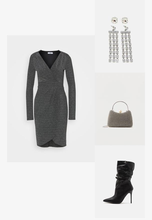 WAL G. PARTY CHRISSY GLITTER DRESS - Φόρεμα από ζέρσεϊ - silver; Even&Odd Wide Fit by Zalando Κλασικές μπότες αστραγάλου - black; Μικρό τσαντάκι χειρός με ασημένιο σχέδιο πλέγματος, κυρτή λαβή, μεγάλο κλείσιμο με μαργαριτάρι και λεπτό ασημένιο λουράκι αλυσίδα σε απλό φόντο.; Κρυστάλλινα σκουλαρίκια με ασημένια λεπτομέρεια, που διαθέτουν τετράγωνη σφαίρα και πτώσεις με διαδοχικές σειρές ορθογώνιων και οκταγωνικών κρυστάλλων.