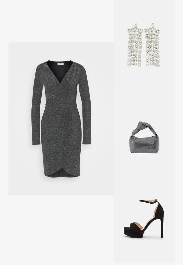 WAL G. PARTY CHRISSY GLITTER DRESS - Robe en jersey - silver; Sandale à talons hauts en daim noir avec une semelle compensée, bride de cheville avec quincaillerie en argent, design à bout ouvert et texture lisse.; Sac à main noir et argent avec une surface texturée affichant un motif en diamant, une anse nouée et une forme structurée.; Boucles d'oreilles en cristal avec des accents en métal argenté, ornées de plusieurs pierres taillées en rectangles et carrés disposées en rangées en cascade.