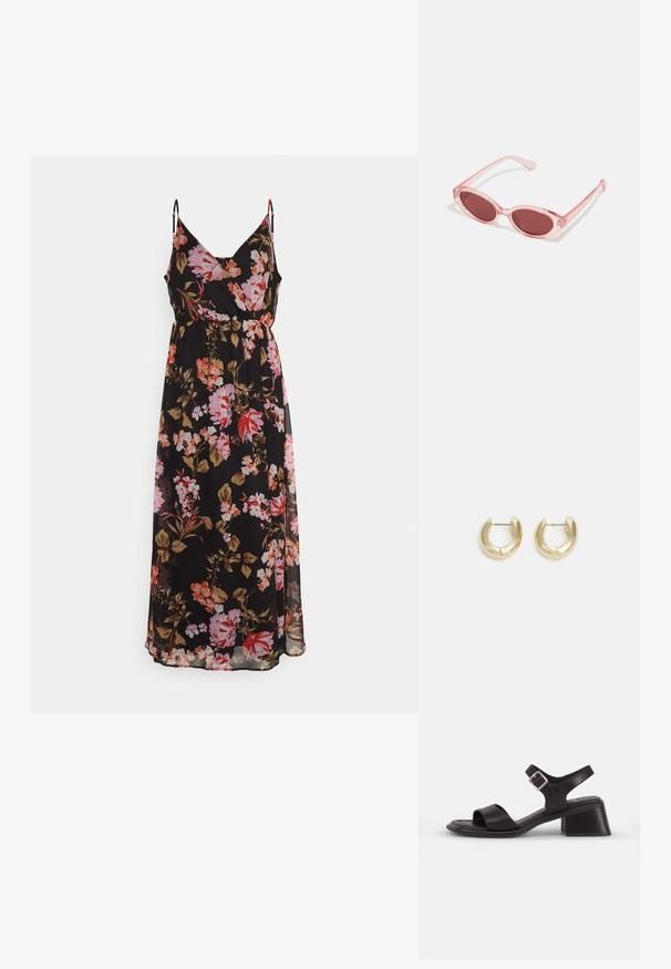 Vero Moda Petite VMWONDA WRAP DRESS - Maxi šaty - black/pink; Čierne kožené sandále s otvorenou špičkou, širokým pásikom cez nohu a pásikom na členku so striebornou sponou. Dizajn na blokovom podpätku.; Ružové priehľadné slnečné okuliare s oválnymi šošovkami, tmavočerveným tónovaním a štíhlymi ramenami, so hladkým povrchom a jemnými detailmi na ráme.; Zlaté kruhové náušnice s hladkým, lesklým povrchom. S polkruhovým tvarom a bezpečným zapínaním na kolík.
