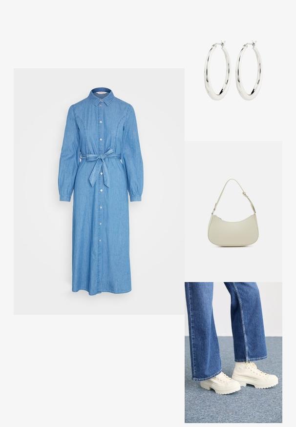 ONLY ONLBEA DRESS - Jeanskleid - medium blue denim; Weiße High-Top-Sneaker mit dicken, geriffelten Sohlen und kreisförmigem Logodetail, getragen mit hellblauen, weit geschnittenen Jeans.; Pieces PCALUANA SHOULDER BAG - Handtasche - birch; Silberne Creolen mit einer glatten, glänzenden Oberfläche. Kreisform, ausgestattet mit einem sicheren Verschluss. Einfaches und elegantes Design.