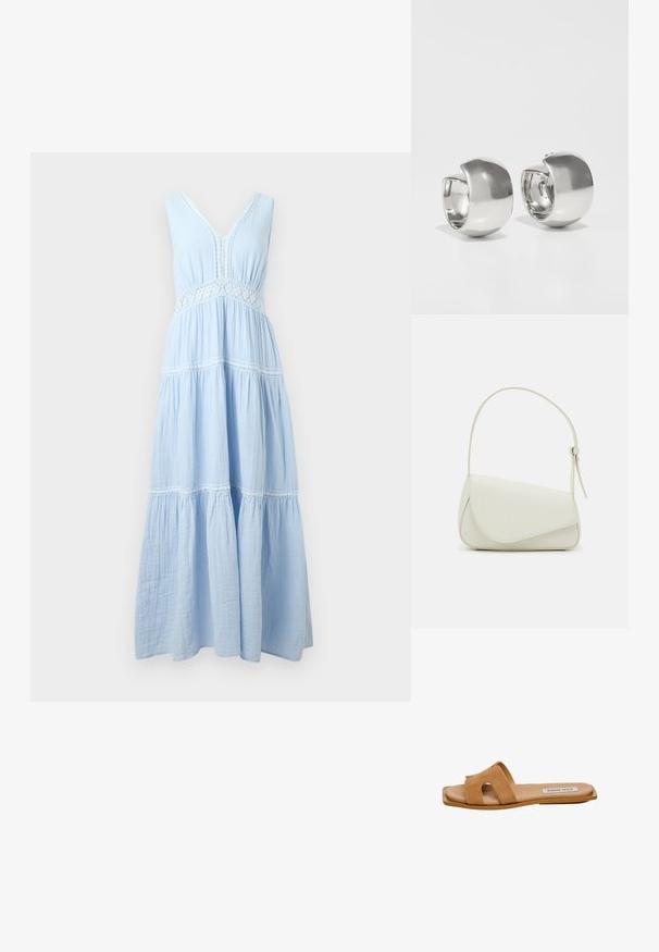 Robe maxi sans manches bleu clair avec col en V, détails en dentelle à la taille et aux étages, et panneaux de tissu froncés.; Sandale à glissière en suède beige avec deux larges brides à découpes, semelle plate et logo discret sur la semelle intérieure.; Sac à main en cuir synthétique blanc avec une forme triangulaire structurée, une bandoulière unique réglable et un rabat à courbes accentuées.; Uncommon Matters SCULPTURAL LARGE CREOLE - Boucles d'oreilles - silver-coloured