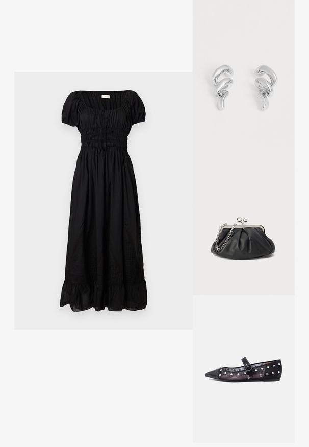 Robe midi noire avec manches bouffantes, corsage froncé, taille froncée et ourlet à volants sur fond blanc uni.; Ballerine Mary Jane noire à bout pointu avec côtés en mesh transparent décorés de clous argentés et bride avec boucle ronde.; Porte-monnaie en cuir noir avec texture froncée, cadre en métal argenté, fermeture à verrouillage kiss-lock et bandoulière en chaîne. Surface lisse et douce.; Paire de boucles d’oreilles créoles en métal argenté brillant torsadé avec un design abstrait bouclé sur un fond blanc uni.
