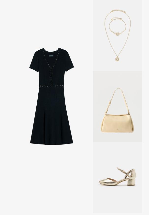 Robe noire en tissu tricoté avec un décolleté en V, des manches courtes et des accents cloutés le long du bodice et de la taille, s'évasant au niveau de l'ourlet.; Chaussures à talons en métal doré avec un bout arrondi, une sangle de cheville et un talon bloc. Texture lisse avec une finition brillante et un design à sangles croisées.; Sac bandoulière rectangulaire beige avec sangle réglable et fermeture éclair, comportant un petit logo "Anna Field" au centre avant.; Ensemble de bijoux dorés comprenant un collier et un bracelet. Les deux présentent un design floral avec une pierre précieuse claire au centre. Les chaînes sont délicates et texturées.
