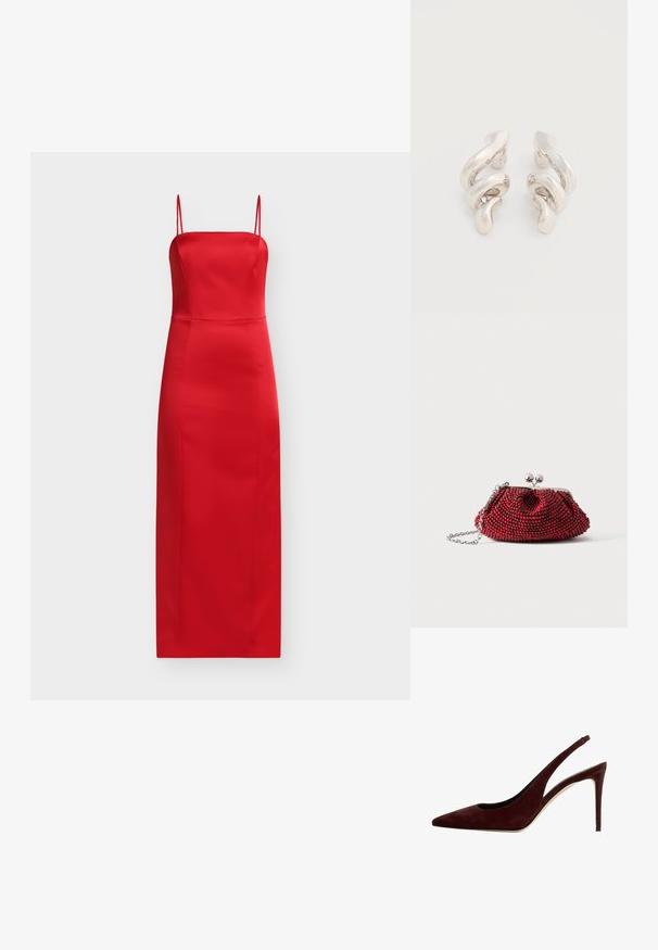 Rød satin midi-kjole med spaghetti-stropper, figursyet overdel og lige silhuet. Glat tekstur med ensfarvet design og minimal detaljering.; Mørkerød suede slingback pump med spids tå og stiletto hæl, set fra siden på en hvid baggrund.; Lille rød perlebesat clutch med sølvspænde og kæderem på en ensartet hvid baggrund.; Tvistede sølvfarvede ørestikker med en glat, blank overflade, der har et moderne, abstrakt spiraldesign.