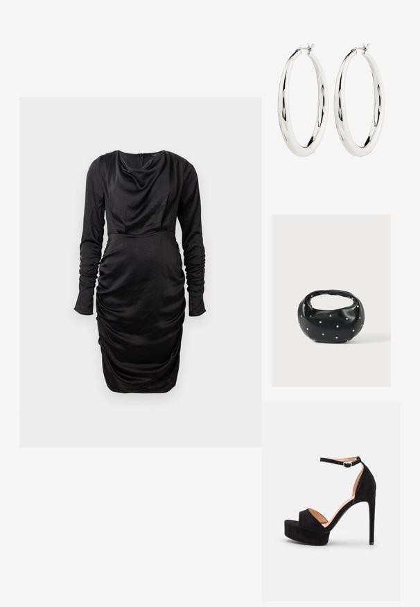 Schwarzes langärmliges Kleid aus glattem Material, mit einem drapierten Ausschnitt und gerafften Details entlang der Seiten und der Taille.; Schwarze Wildleder-Peeptoe-Sandale mit hoch gelegener Plateausohle, Knöchelriemen mit silberner Hardware, offenem Zehenbereich und glatter Textur.; Schwarze Lederhandtasche mit abgerundeter Form, verziert mit silbernen Nietenakzenten und kurzem Griff. Glatte Struktur und Reißverschlussverschluss.; Silberne Creolen mit einer glatten, reflektierenden Oberfläche. Runde, große Form mit einem sicheren Verschluss an der Oberseite. Polierte Oberfläche betont den Glanz.