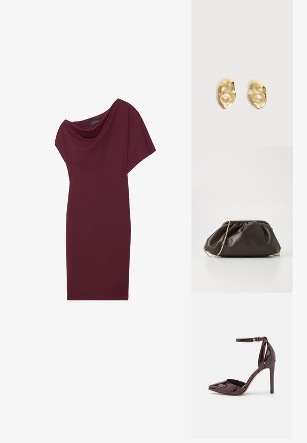 Vestido burdeos con escote drapeado, mangas cortas y silueta ajustada. Confeccionado con una tela suave de textura lisa.; Zapato de charol burdeos de tacón alto con punta afilada, correa en el tobillo y un tacón de 10 cm tipo stiletto. Textura suave y detalles mínimos.; Bolso de mano de cuero marrón con un diseño fruncido, correa de cadena dorada y un acabado suave y texturizado. Forma compacta adecuada para uso nocturno.; Par de pendientes de metal dorado brillante, con forma irregular y superficie arrugada y lisa sobre un fondo claro y sencillo.