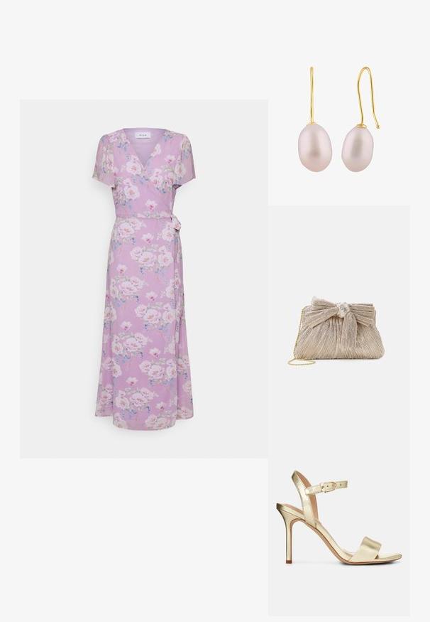 VILA VIINGRID ANCLE WRAP DRESS - Hverdagskjole - pastel lilacaop; Guldmetallic, strop-sandale med høj hæl og spænde-lukning, åben tå og glat overflade. Har en slank, spids hæl.; Metallic guld clutch taske med plisseret stof, der har en sløjfedetalje øverst og en gylden kædetras for alsidighed og nem bæring.; Guld krogekrogeøreringe med glatte, aflange rosa perler med en subtil glans og en rund form, monteret på en tynd trådkrog.