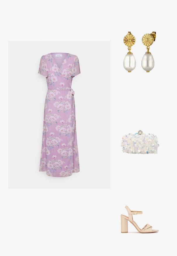 VILA VIINGRID ANCLE WRAP DRESS - Hverdagskjole - pastel lilacaop; Beige højhælede sandaler med en knyttet frontdesign, justerbar ankelrem og en solid blokhæls, lavet af glat læder.; Hvid clutch-taske dækket med iriserende blomsterapplikationer og perleaccents, med perlelås øverst.; Guldøreringe med en textureret rund stud og en glitrende overflade, der hænger ned fra en glat, hvid, dråbeformet perle.