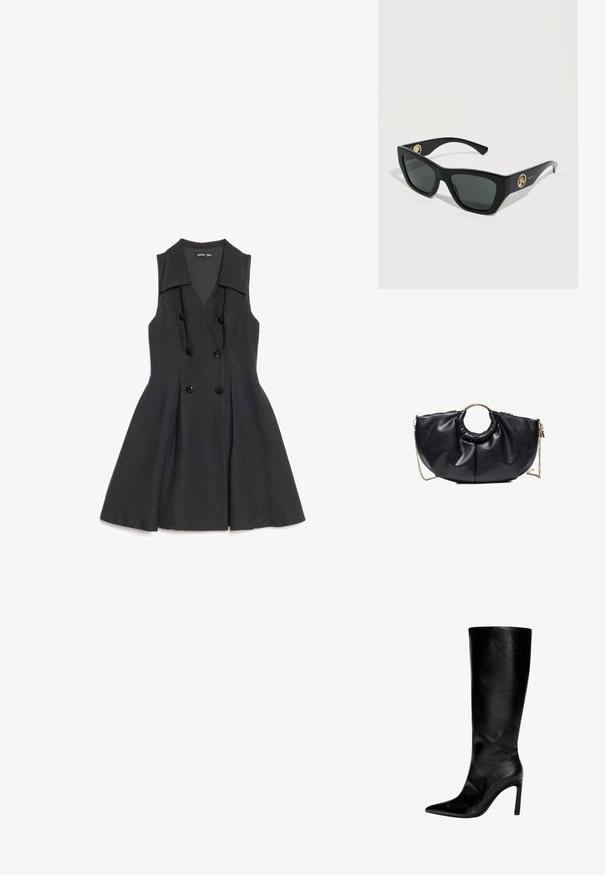 Robe noire sans manches, à double boutonnage, col large et jupe évasée, posée à plat sur un fond blanc.; Botte en cuir noir montée jusqu'au genou, avec un bout pointu, un talon aiguille haut, une finition lisse et un design simple et épuré sans ornements.; Lunettes de soleil rectangulaires noires avec des verres foncés et des accents de logo doré sur les branches, posées sur une surface grise claire.; Sac à main en cuir noir avec poignée ronde en or et bandoulière chaîne amovible en or, présentant un design froncé sur fond blanc.