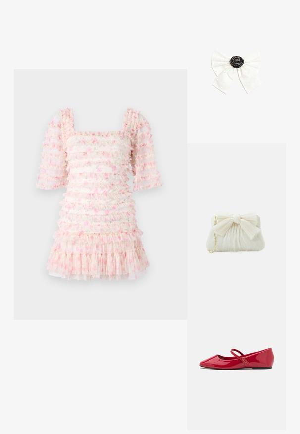 Vestido con volantes que presenta un escote cuadrado y mangas abullonadas, hecho de una tela transparente con patrones florales en rosa y volantes en la parte inferior.; Zapatillas tipo ballet de charol rojo con punta puntiaguda, correa en el tobillo y pequeño adorno redondo en la correa. Suela plana y textura suave.; Bolso de mano plisado blanco con un destacado detalle de lazo y una correa de cadena dorada. Textura suave con un diseño fruncido en la parte frontal.; Lazo de tela blanca con el centro en forma de roseta negra adornado con pequeñas cuentas plateadas sobre un fondo blanco liso.