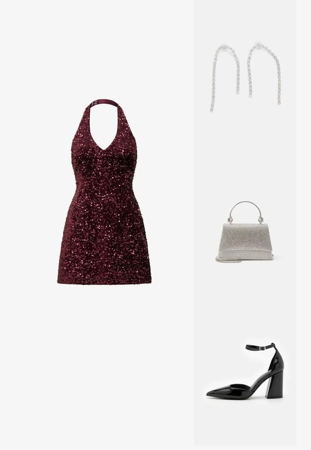 Bordeaux halter-jurk bedekt met pailletten, met een diepe V-halslijn en een aansluitende, korte silhouette. Soepele textuur met reflecterende accenten.; Zwarte lakleren hoge hak met een spitse neus, enkelbandje en brede blokhak voor stabiliteit, met een gladde glanzende textuur.; ALDO FELISIA - Handtas - silver-coloured; Zilveren oorbellen met hangende kettingen, voorzien van meerdere heldere edelstenen die in een lineair patroon zijn gerangschikt, wat een schitterend effect geeft.