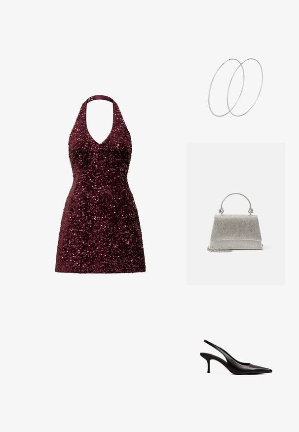 Bordeaux halterneck kjole dækket med palietter, med en dyb V-udskæring og en tætsiddende, kort silhuet. Glat tekstur med reflekterende detaljer.; NA-KD Pumps - black; ALDO FELISIA - Håndtasker - silver-coloured; Sølvøreringe med et minimalistisk design. Cirkulær form, glat tekstur og tynd profil. Letvægtige med en poleret overflade.