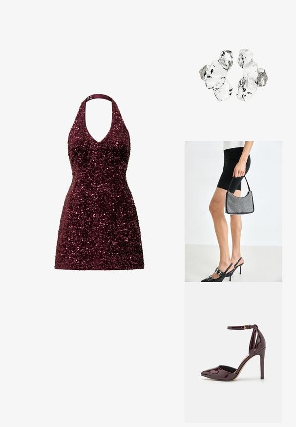 Bordeaux halter-jurk bedekt met pailletten, met een diepe V-halslijn en een aansluitende, korte silhouette. Soepele textuur met reflecterende accenten.; Bordeauxkleurige lakleren hoge hak schoen met een puntige neus, enkelbandje en een 10 cm hoge stilleto hak. Gladde textuur en minimale details.; Zwarte beaded handtas met een gebogen silhouet, draaghandvat en glanzende textuur. Draagt bij hoge zwarte hakken en strakke zwarte shorts.; Cluster van zes onregelmatig gevormde, doorschijnende en reflecterende glasachtige stukken die zijn gerangschikt op een witte achtergrond.