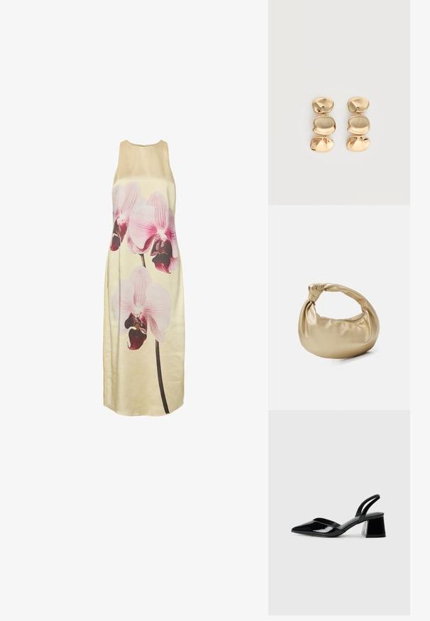 Mouwloze, crèmekleurige lange jurk met een grote print van een roze en paarse orchidee aan de voorkant.; Zwarte gepatineerde leren slingback hakken met een spitse neus en een geometrische blokhak. Kenmerkt zich door een slank, minimalistisch ontwerp en een gladde textuur.; Gouden metalen handtas met een gladde, glanzende textuur. Voorzien van een geknoopte handgreep en een ronde, zachte vorm. Ritsluiting aan de bovenkant.; Oorbellen in goudkleur met drie onregelmatige, gladde, afgeronde segmenten die verticaal opgestapeld zijn op een egale lichte achtergrond.