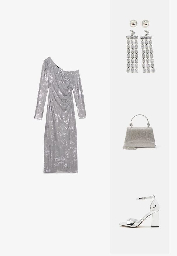 Zilveren off-the-shoulder jurk met lange mouwen, gedrapeerde stof en een gestructureerde glans. Heeft een gladde, glanzende oppervlakte met een figuurvolgende silhouet.; Zilveren hoge hak sandaal met een blokhak, open teen en enkelbandje. Gekenmerkt door een glanzende lakafwerking en een gevoerd voetbed.; ALDO FELISIA - Handtas - silver-coloured; Kruisdruppel oorbellen met hardware in zilvertint, gekenmerkt door een vierkante stud en watervallen van rechthoekige en octagonale kristallen.