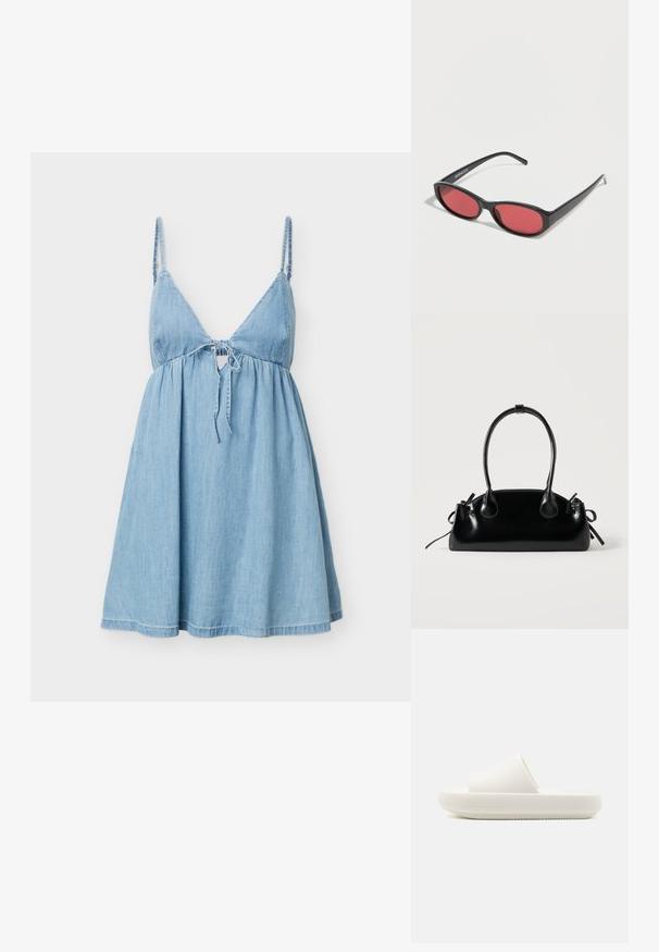 Robe en denim bleu clair sans manches avec fines bretelles et détail noué à l'avant, dotée d'un corsage ajusté et d'une jupe évasée.; Sandale blanche à semelle plate avec une sangle texturée et une semelle ronde et surélevée. Le matériau semble lisse et durable avec un motif subtil.; Lunettes de soleil ovales noires avec des branches fines et des verres teintés rouges posées sur une surface blanche.; Petit sac à main noir brillant avec deux longues anses et des détails à cordon sur les côtés sur un fond clair uni.