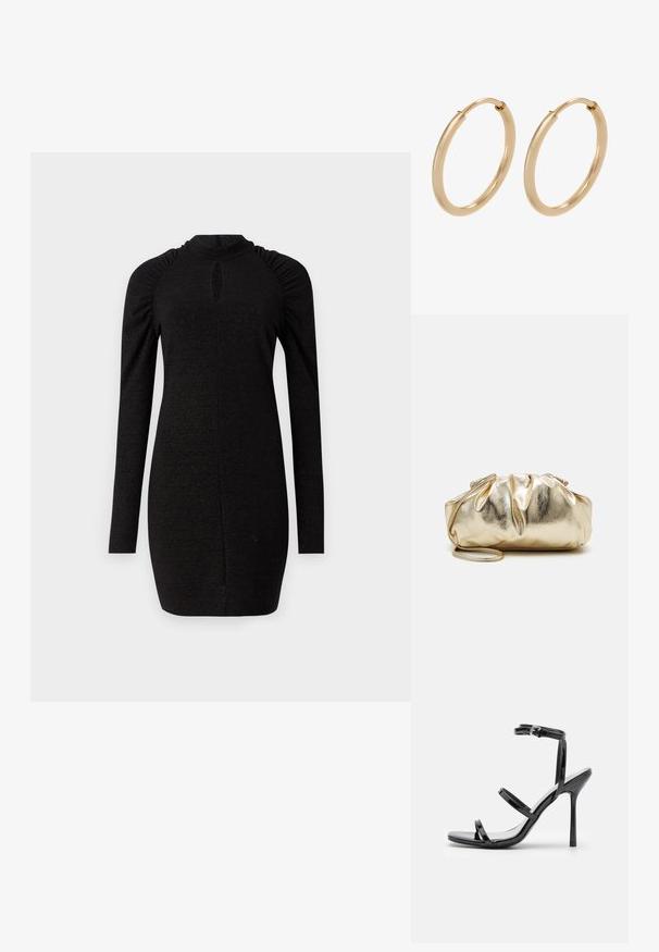 Musthave mustan tumed dress, mis on valmistatud tekstuurilisest kangast. Kleidil on kõrge kaelus ja kotitud detailid õlgadel, ning ees on võti lõige.; Mustad nahast kõrge kontsaga sandaalid, millel on kolm horisontaalset rihma ja reguleeritav pahkluuri rihm. Sleek siluett ja läikiv viimistlus.; Kuldne metallik käekott kortsus tekstuuriga, pehme ümmargune kuju ja eemaldatav ahelriba. Ülaosas on kokku kogutud kujundus.; Kuldne rõngasõlg, millel on sile ja poleeritud viimistlus. Ümar kuju, keskmise suurusega, sisaldab turvalist kinnitussüsteemi.