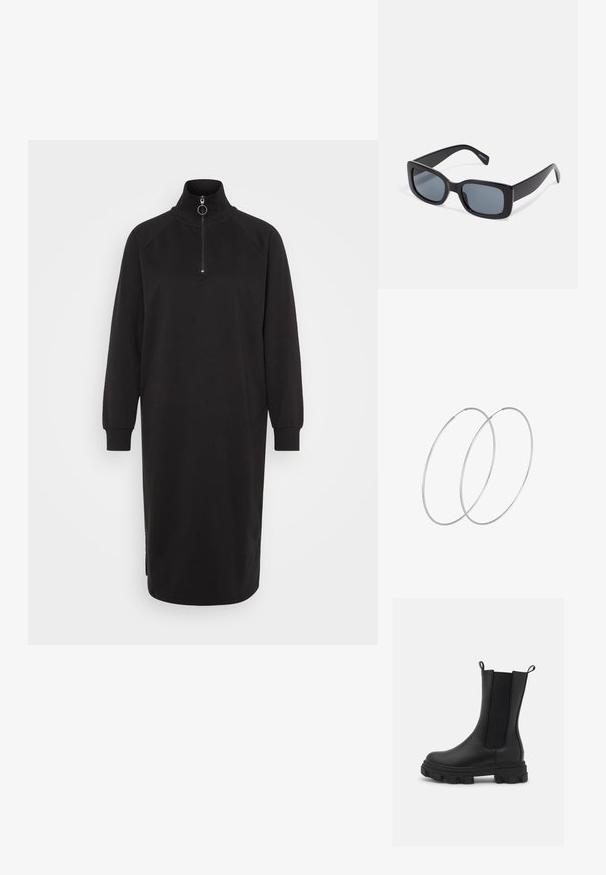 Vero Moda VMKAT ZIP CALF DRESS - Robe de jour - black; Bottines Chelsea noires en cuir et tissu élastique, dotées d'une semelle en caoutchouc épaisse avec un motif de traction prononcé et de languettes pour un enfilage facilité.; Lunettes de soleil rectangulaires noires avec des verres teintés foncés, monture en plastique épaisse et branches larges. Surface lisse et design angulaire.; Boucles d'oreilles en argent au design minimaliste. Forme circulaire, texture lisse et profil fin. Légères avec une finition polie.